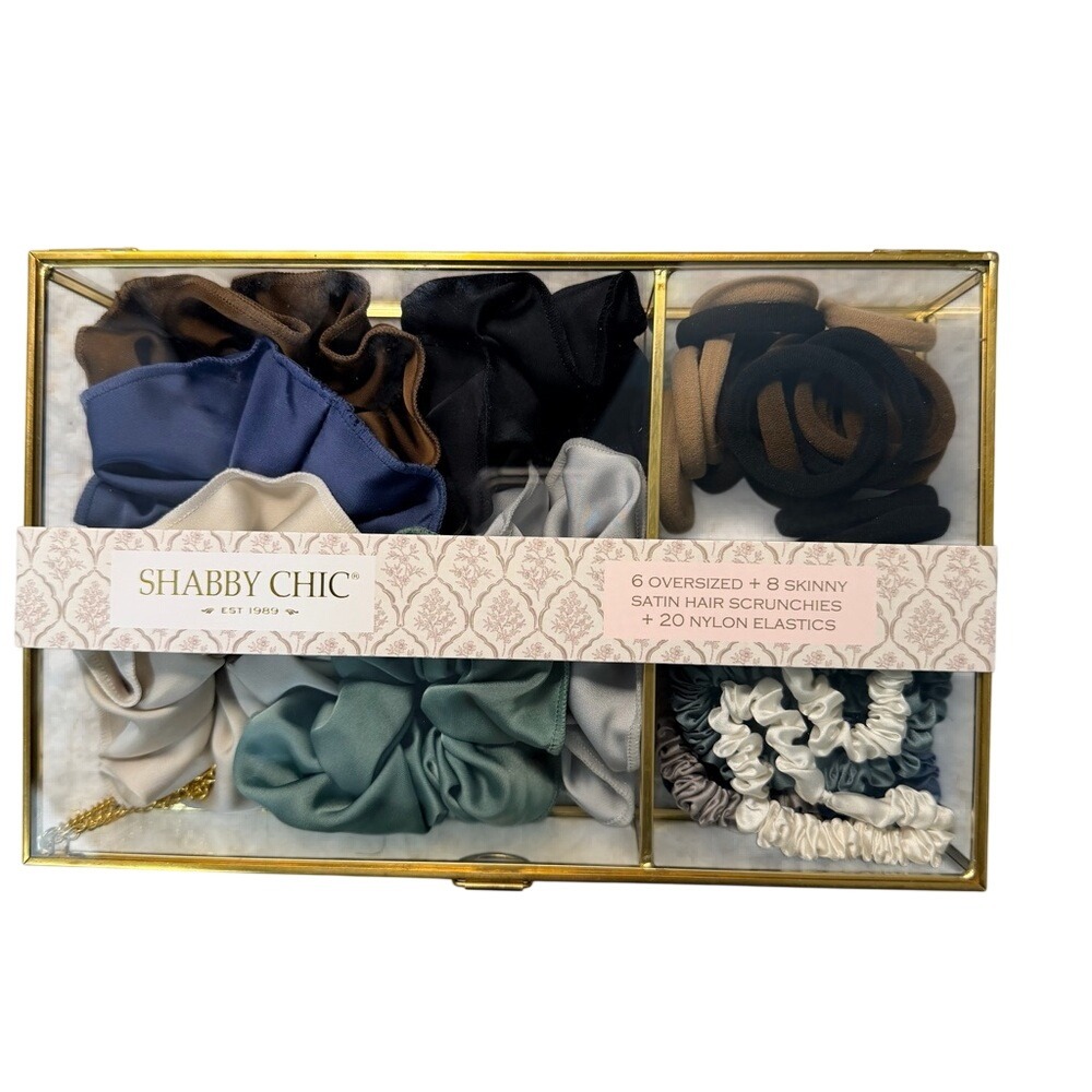 Shabby Chic Satin Hair Scrunchie & Elastic‎ Set in Gold Glass Box 34pc New